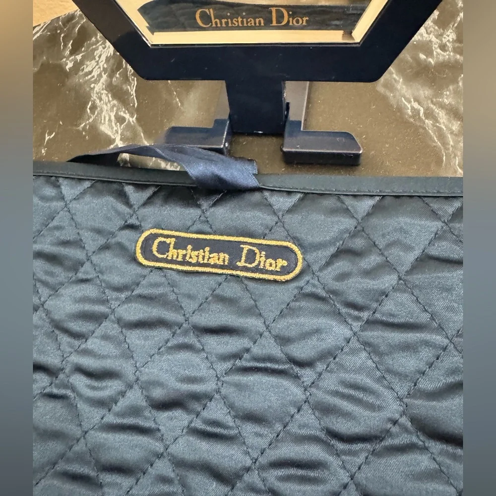 Christian Dior Quilted Makeup Pouch & Mirror Set in Navy Blue AUTHENTIC Like New